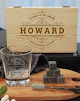 Custom Etched Whiskey Wooden Box, Star Base Scotch Glass, 6 Ice Stones & Tongs, Personalised Logo Barware Set, Groomsman Corporate Xmas Gift