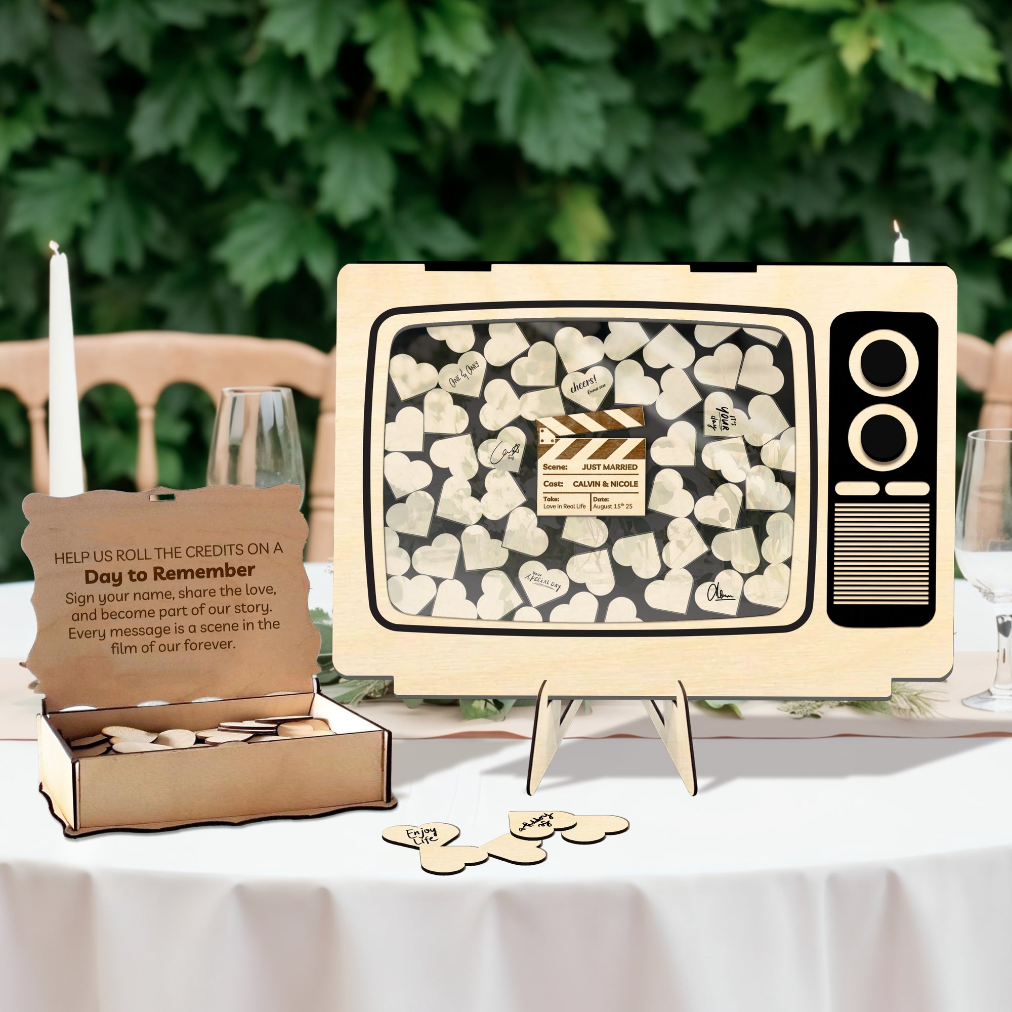 Custom Made Laser Cut Plywood & Acrylic Retro TV Wedding Chips Drop Box, Rustic Personalised Guest Book Alternative, Stationery Table Decor