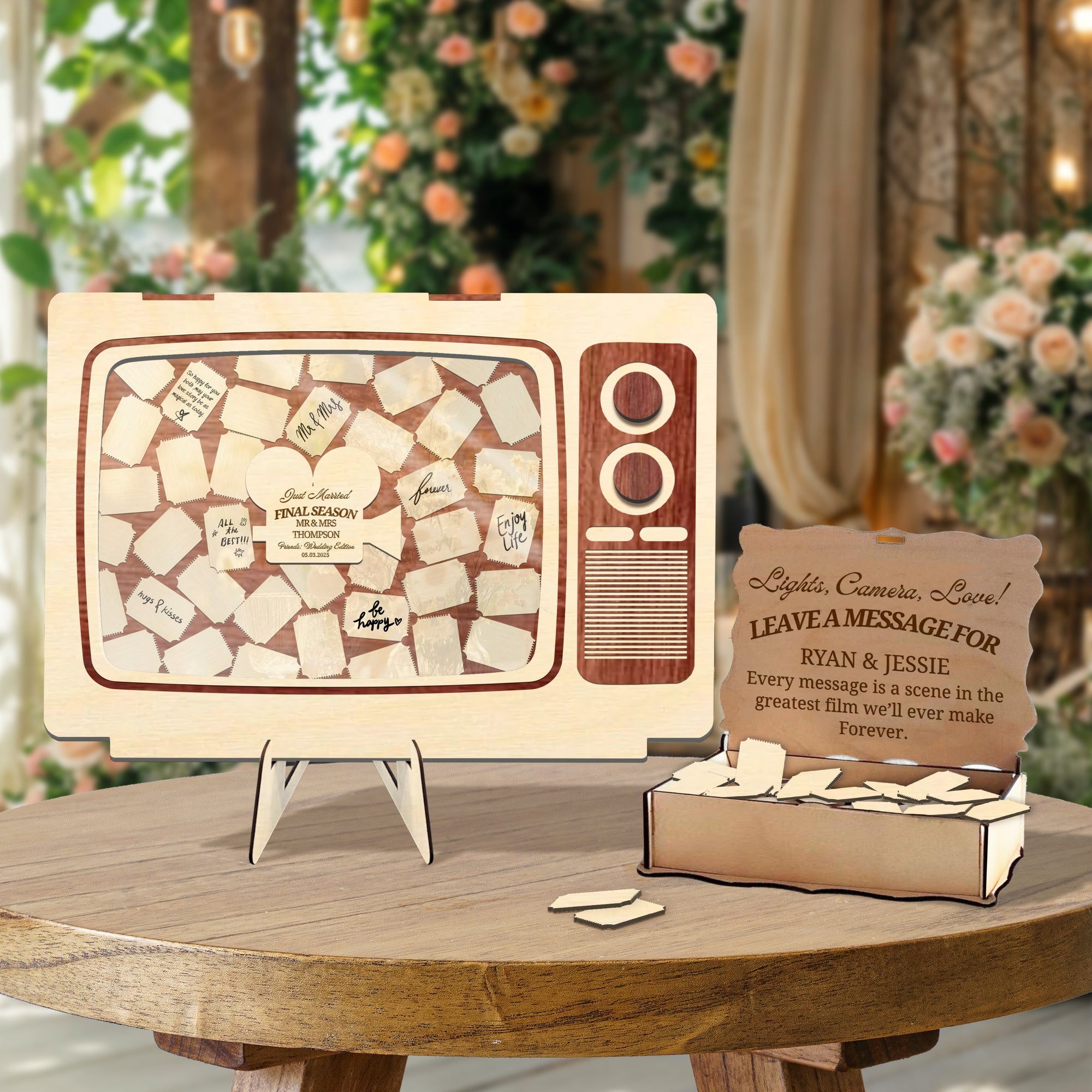 Custom Made Laser Cut Plywood & Acrylic Retro TV Wedding Chips Drop Box, Rustic Personalised Guest Book Alternative, Stationery Table Decor