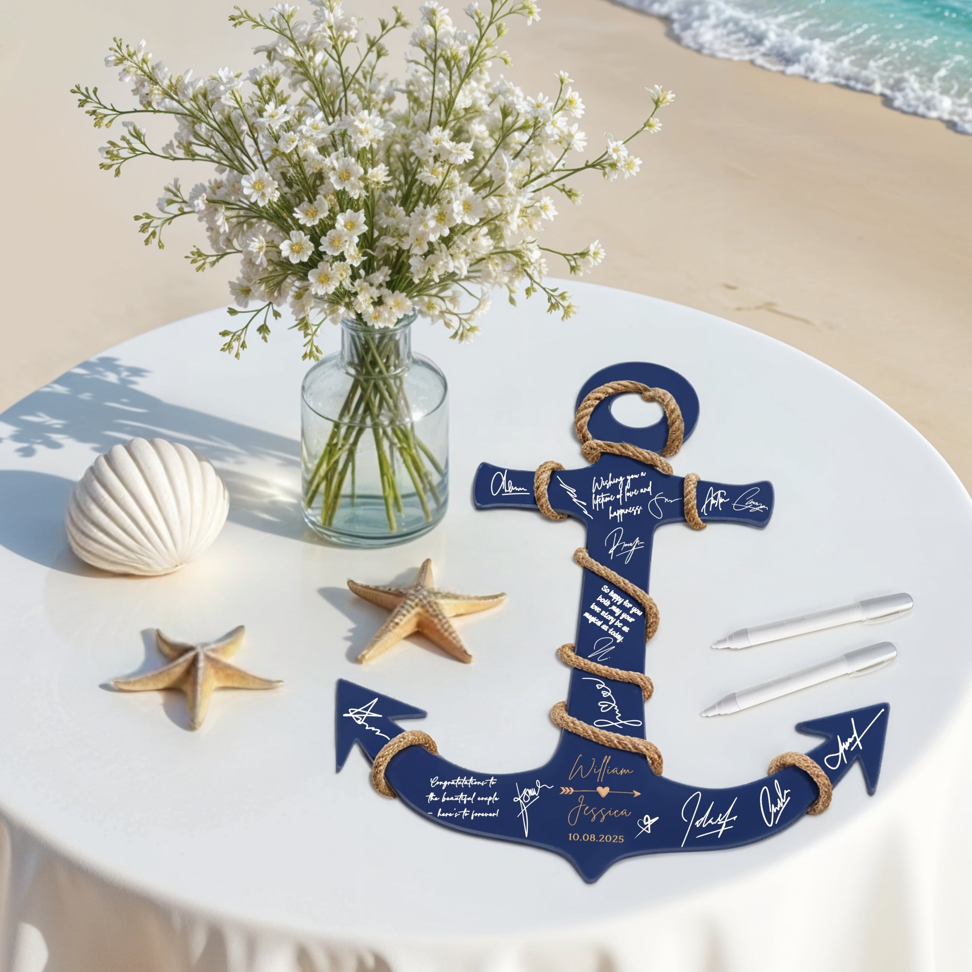 Custom Wooden Anchor Wedding Sign & Rope, Personalised Nautical Guest Book Alternative, Welcome Navy Beach Signage Destination Decor Keepsake
