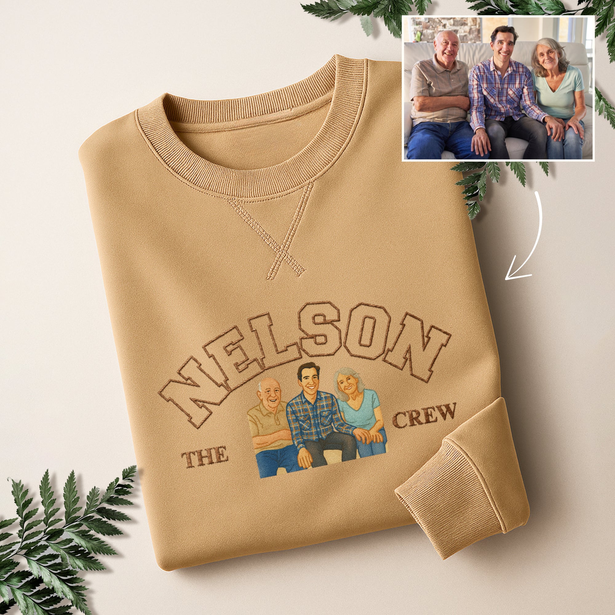 Custom Photo Embroidered Family Sweatshirt, Personalised Portrait Crewneck Jumper Oversize The Crew Name Embroidery, Christmas Birthday Gift