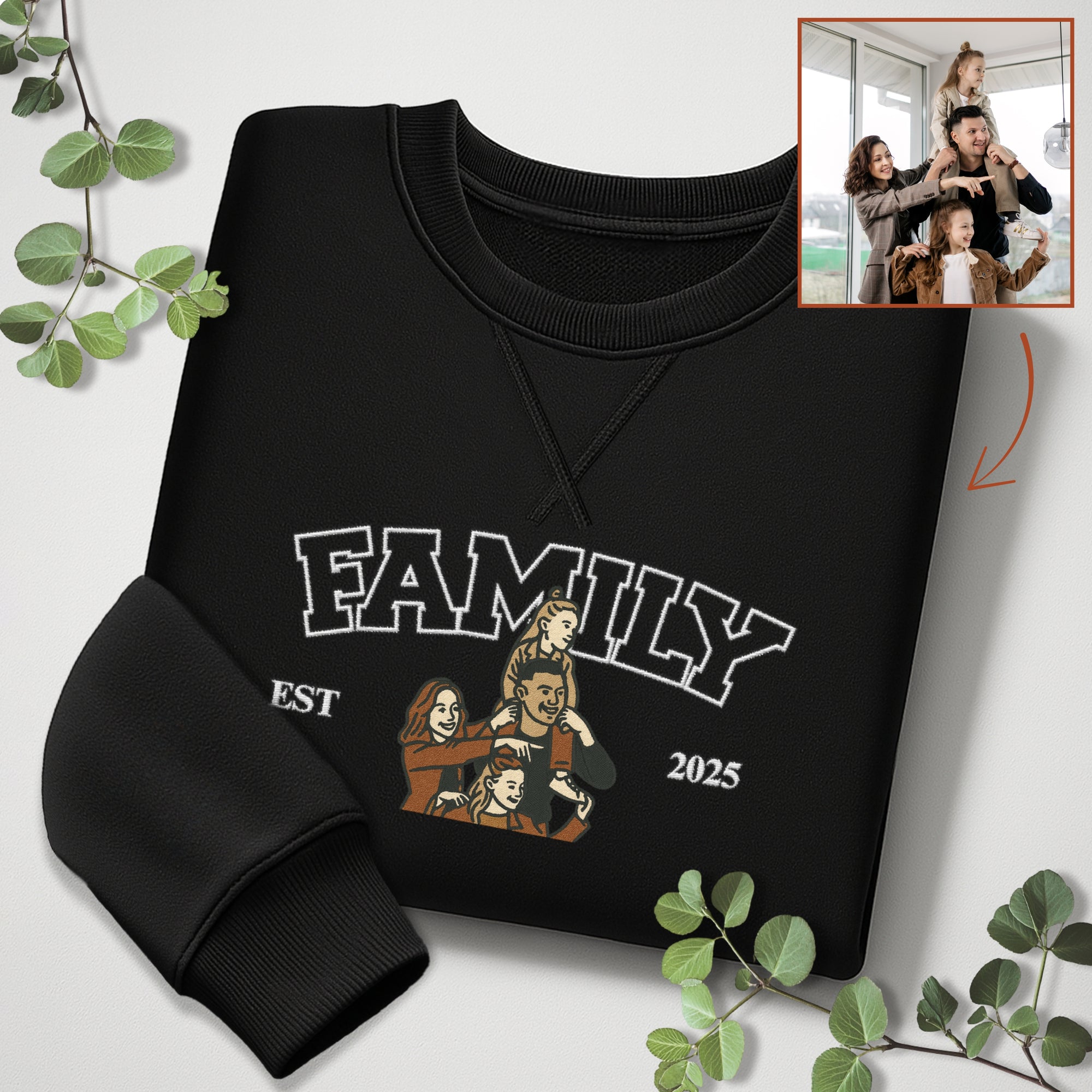 Custom Photo Embroidered Family Sweatshirt, Personalised Portrait Crewneck Jumper Oversize The Crew Name Embroidery, Christmas Birthday Gift