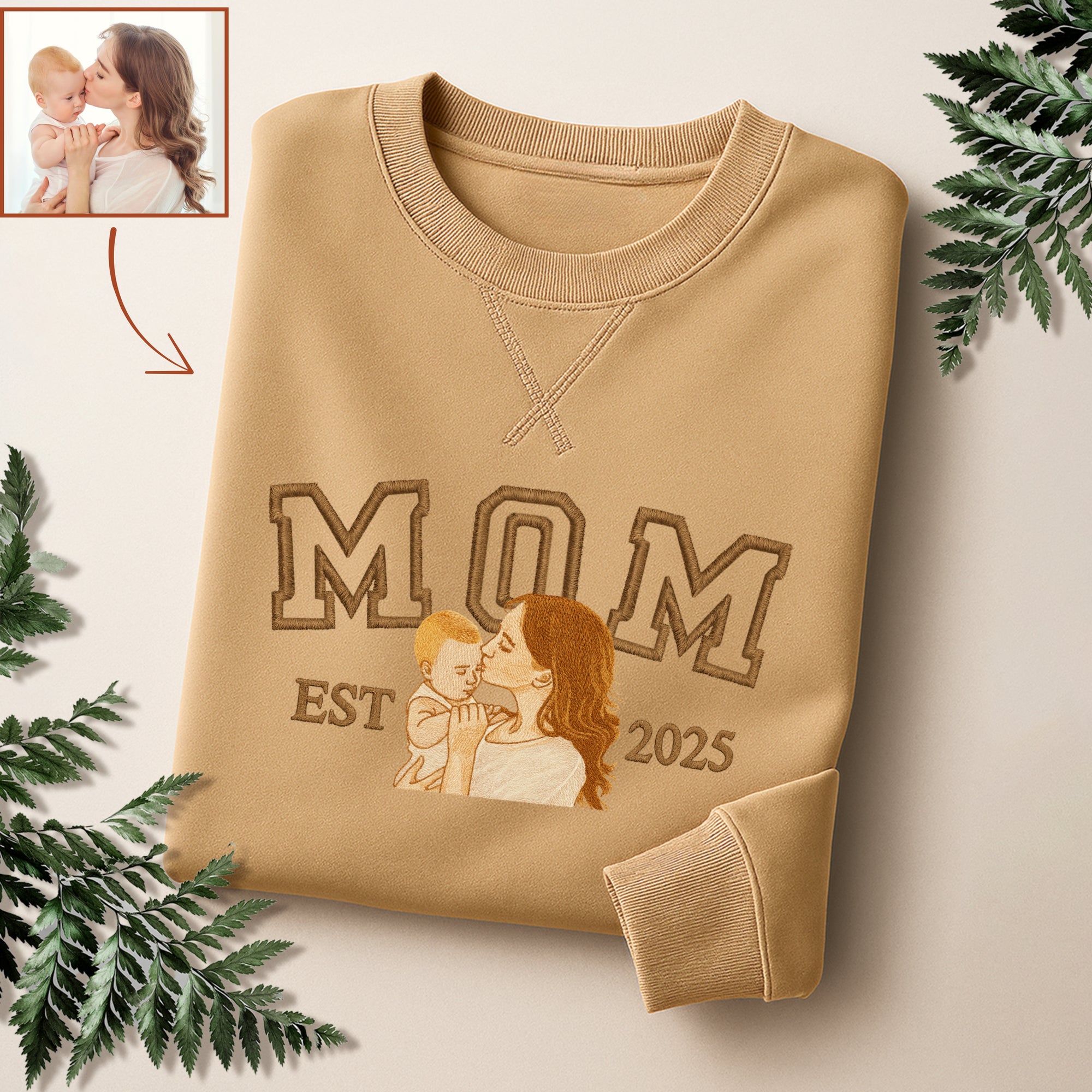 Custom Photo Embroidered Mum Sweatshirt, Personalised Family Portrait Jumper, Oversized Crewneck Name Embroidery, Mother's Day, Gift for Mom
