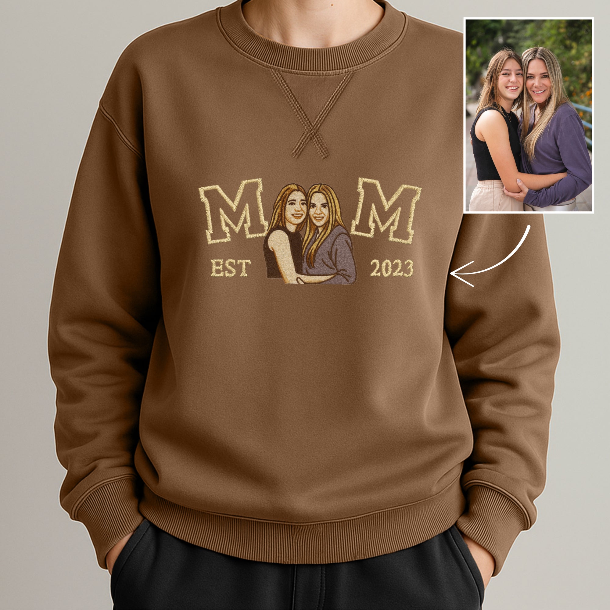 Custom Photo Embroidered Mum Sweatshirt, Personalised Family Portrait Jumper, Oversized Crewneck Name Embroidery, Mother's Day, Gift for Mom