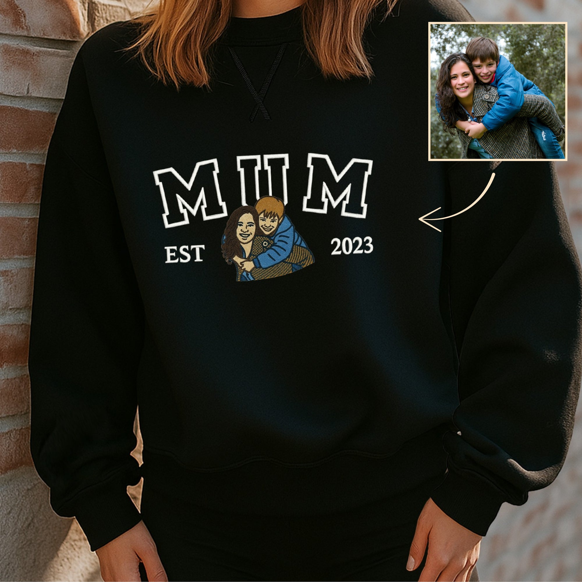 Custom Photo Embroidered Mum Sweatshirt, Personalised Family Portrait Jumper, Oversized Crewneck Name Embroidery, Mother's Day, Gift for Mom