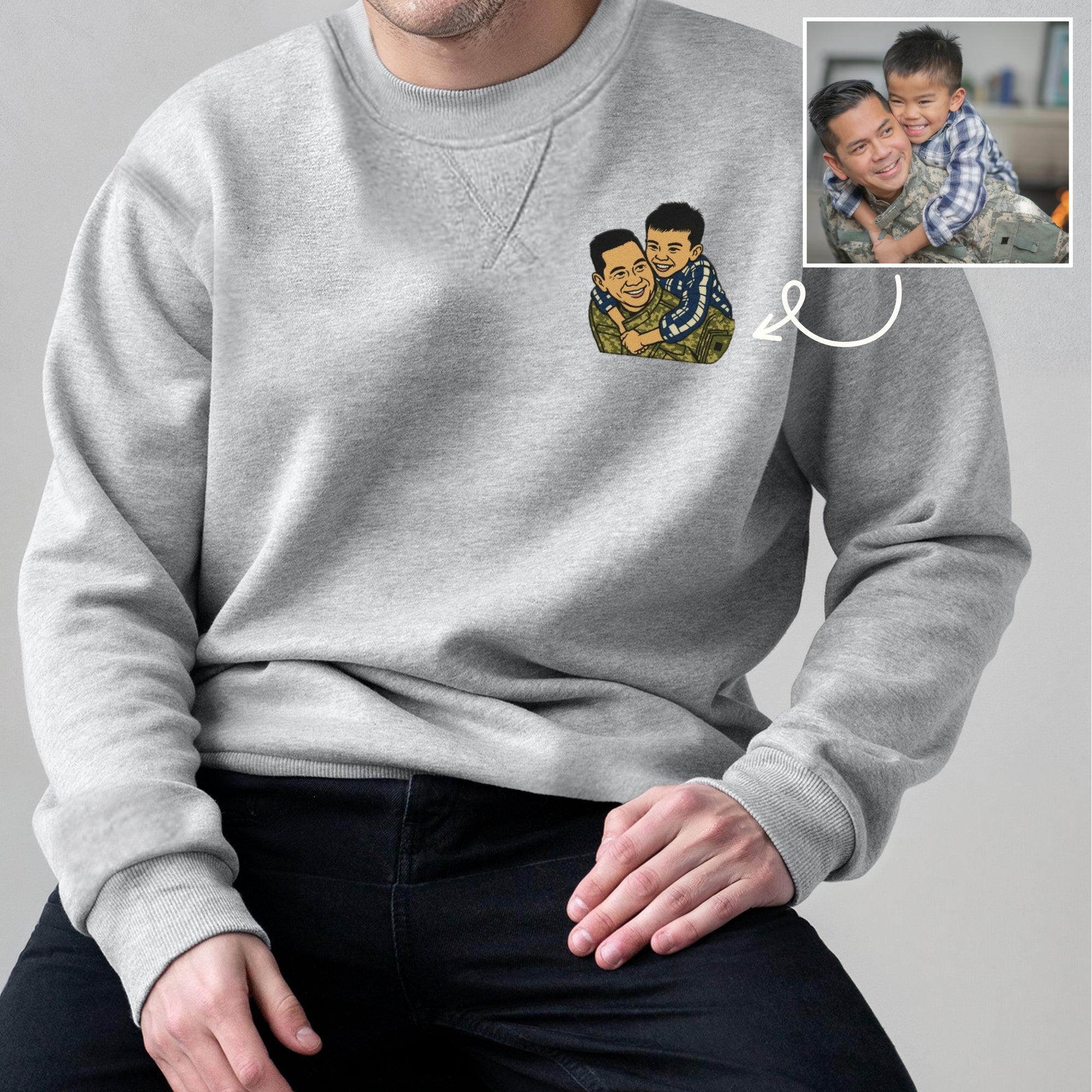 Custom Photo Embroidered Unisex Beige & Brown Sweatshirt, Personalised Pet, Couple, Family Portrait Jumper, Unisex Oversized Crewneck Name Embroidery Gift