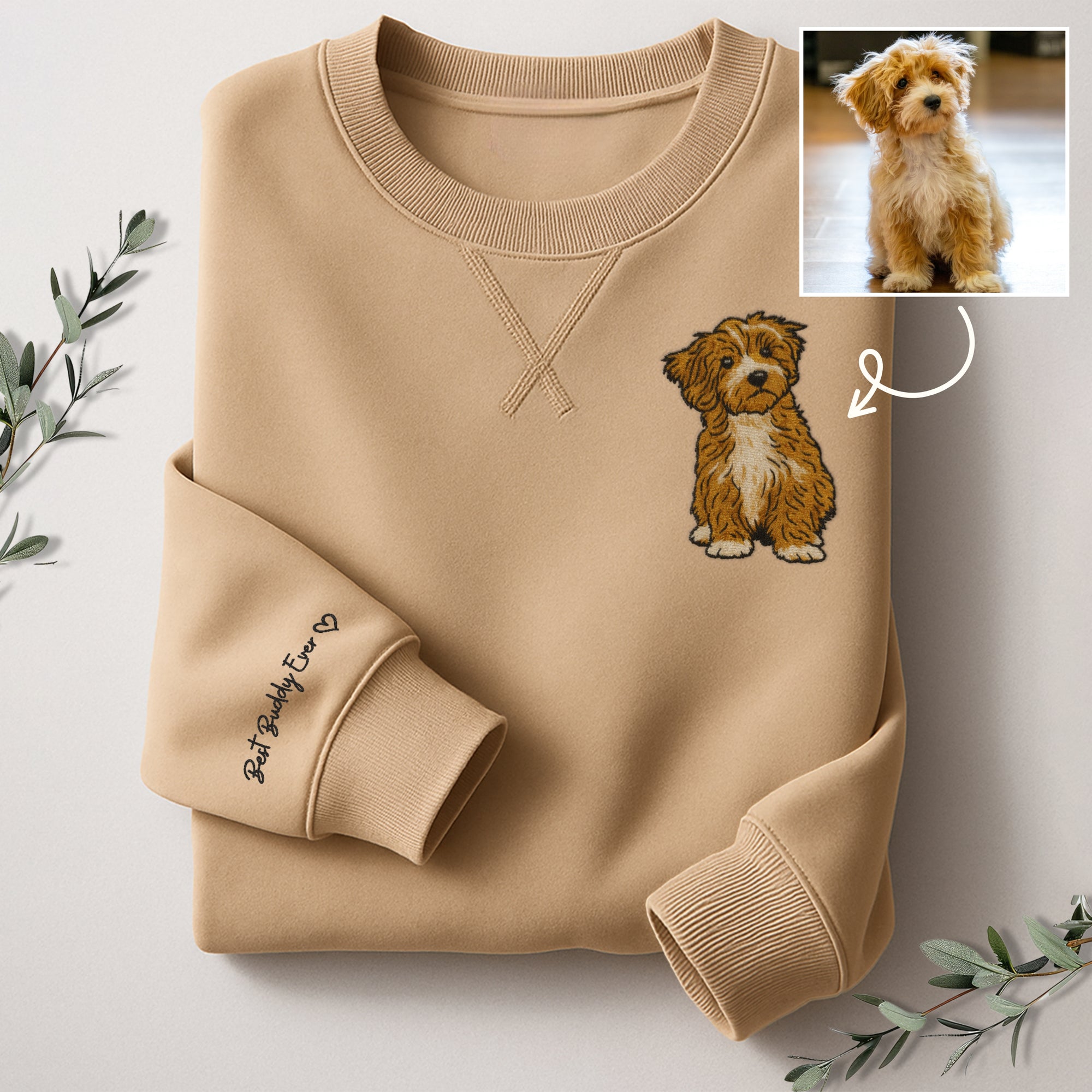 Custom Photo Embroidered Unisex Beige Sweatshirt, Personalised Pet, Couple, Family Portrait Jumper, Unisex Oversized Crewneck Name Embroidery Gift