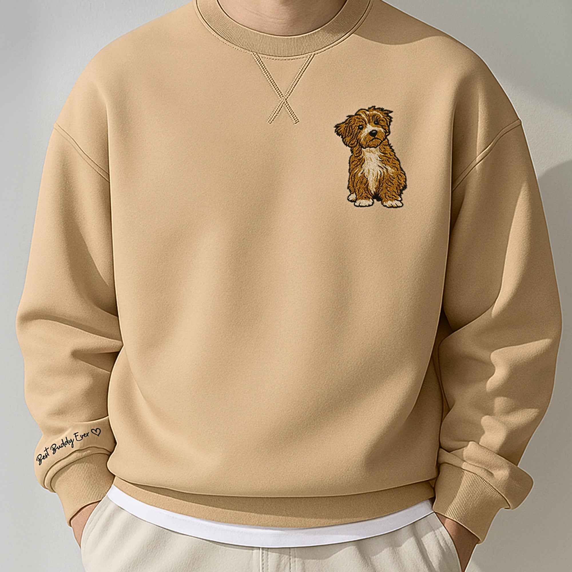 Custom Photo Embroidered Unisex Beige Sweatshirt, Personalised Pet, Couple, Family Portrait Jumper, Unisex Oversized Crewneck Name Embroidery Gift