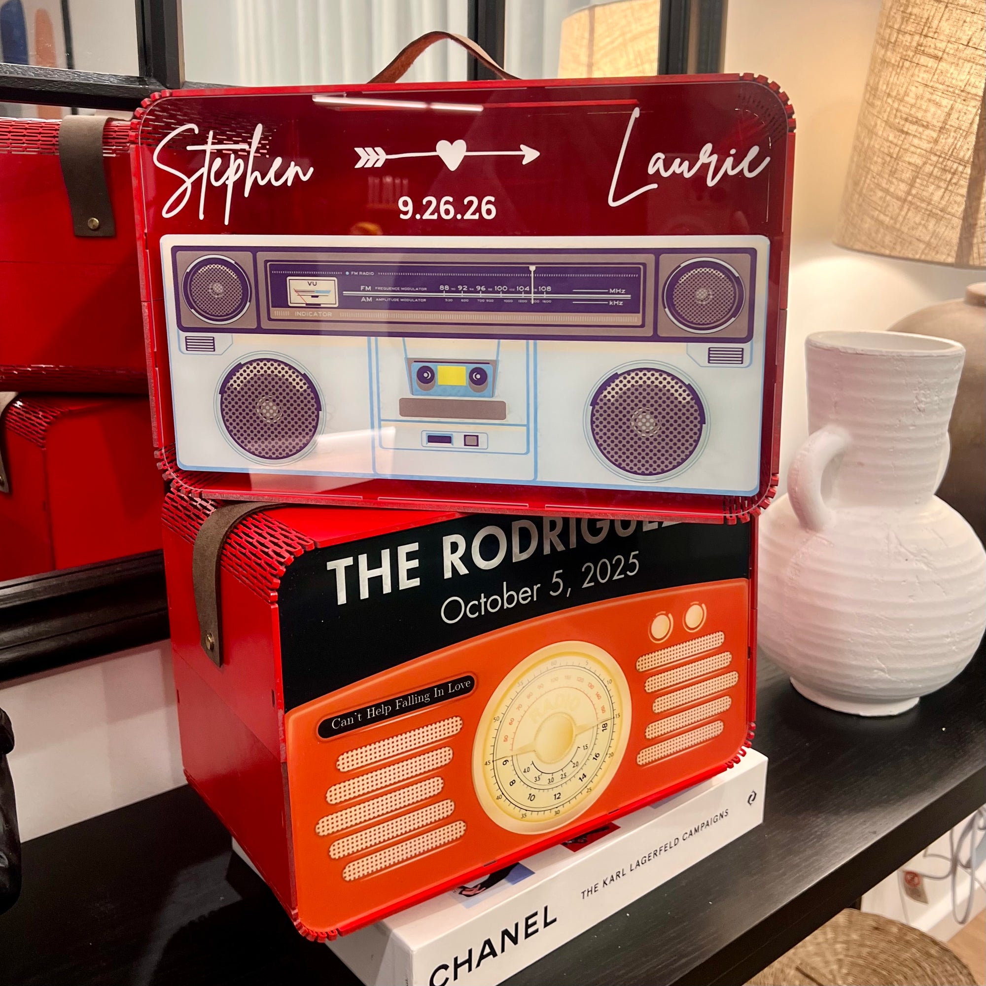 Custom Plywood Acrylic Retro Radio Wishing Well Box - Leatherette Carry Handle & Sign, Personalised Money Card Wedding Memory Keepsake Gift