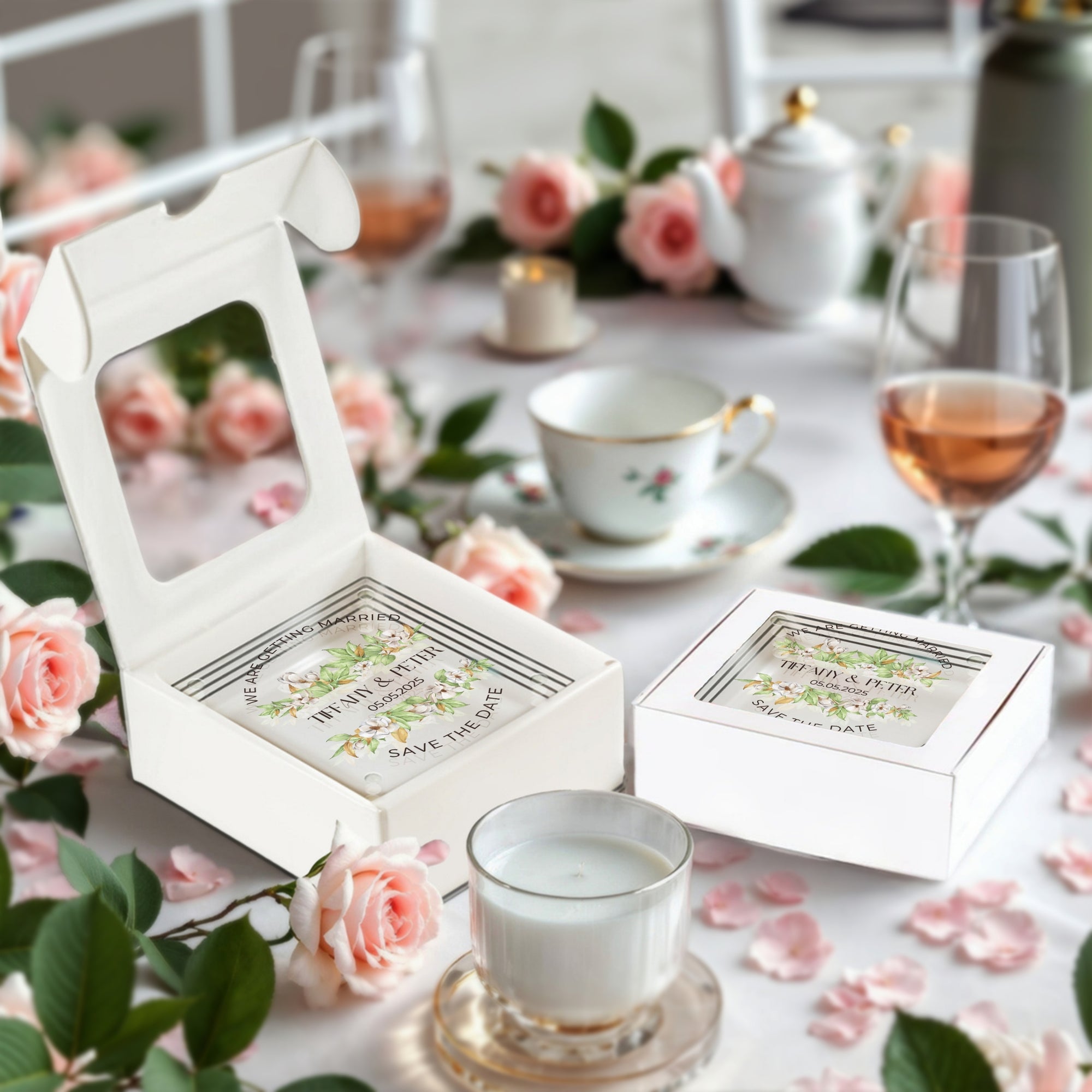 Custom UV Printed Glass Coaster, Personalised Name Date Flower Drink Mat, Wedding Favour Anniversary / Housewarming Birthday/ Corporate Gift