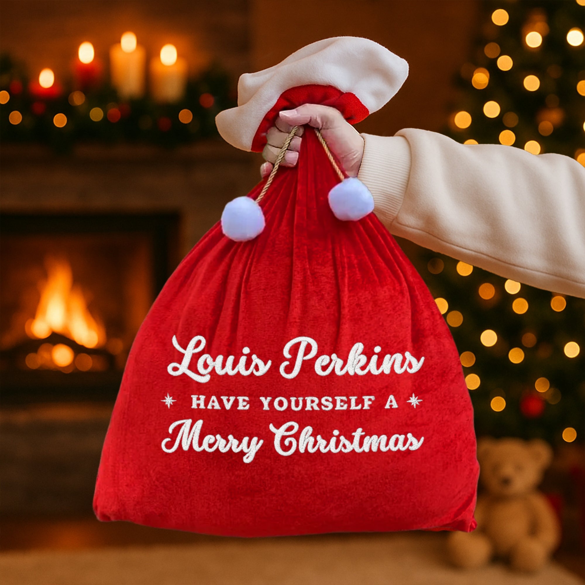Custom Embroidered Pom Pom Velvet Christmas Bag, Personalised Xmas Present Santa Sack Holiday Decor Family Kid Gift Drawstring Pouch Storage