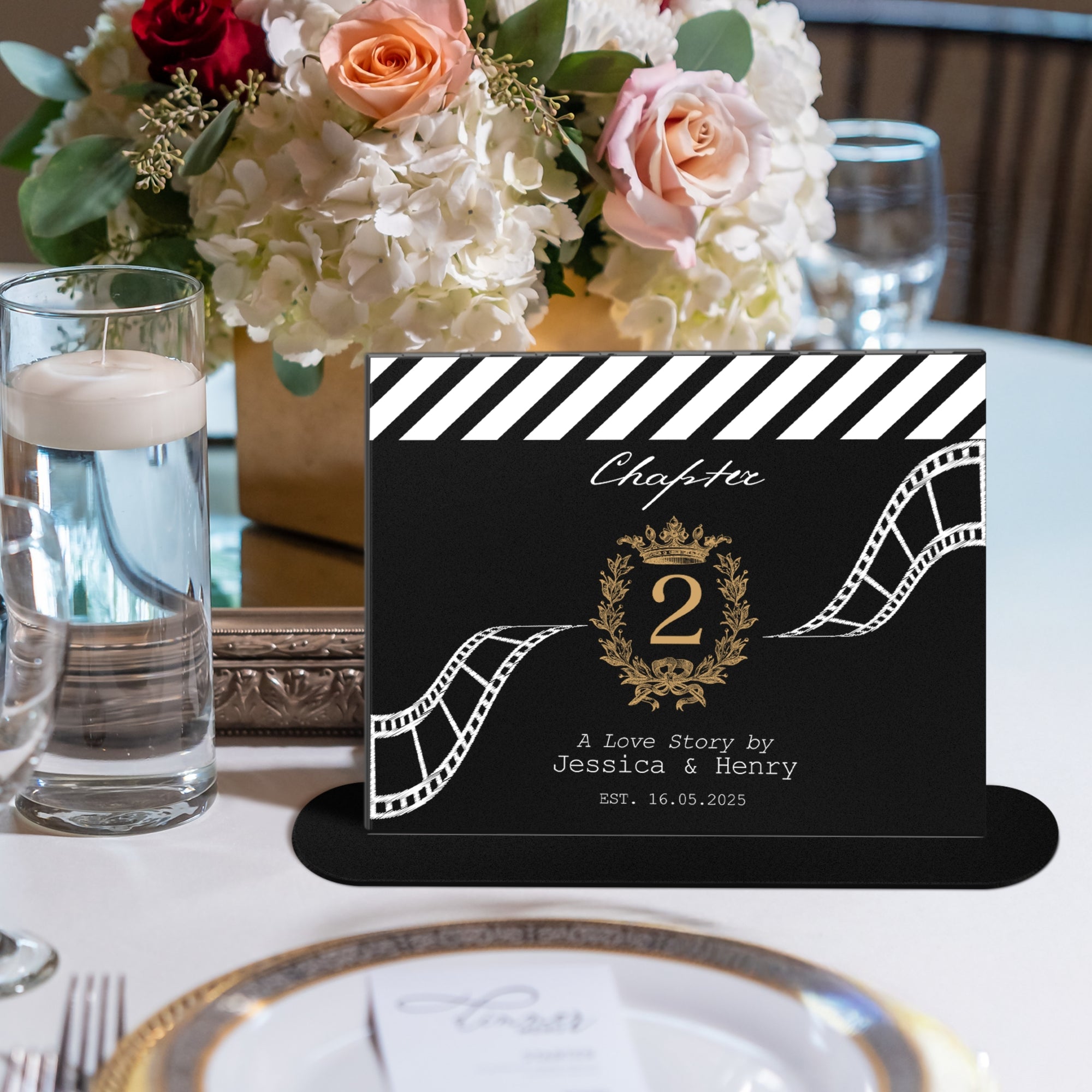 Custom UV Print Acrylic Clapperboard Cinefilm Table Number Sign, Personalised Wedding Movie Name Signage, Hollywood Cinema Party Event Decor