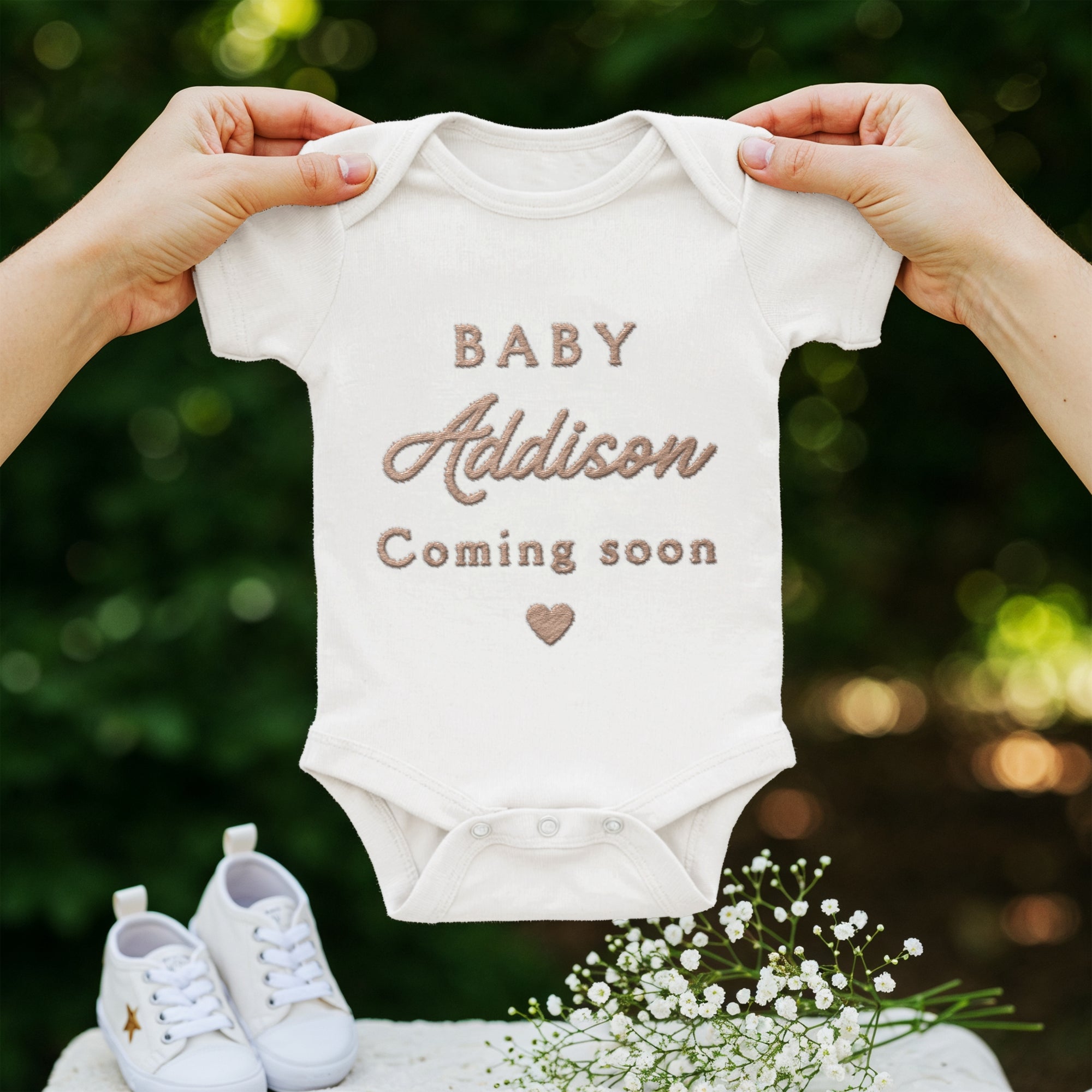 Custom Embroidered Baby Name Short Sleeve Bodysuit, Personalised Christening Keepsake, Birthday Shower, Pregnancy Announcement, New Mom Gift