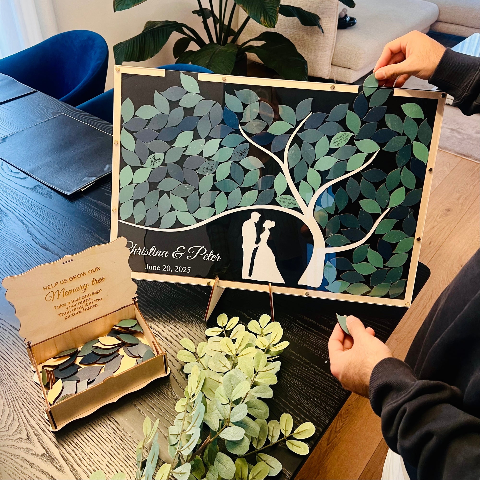 Custom Wood Acrylic Tree of Colour Leaves & Couple Silhouette Wedding Drop Box, Personalised Guest Book Alternative, Same Sex Marriage Decor