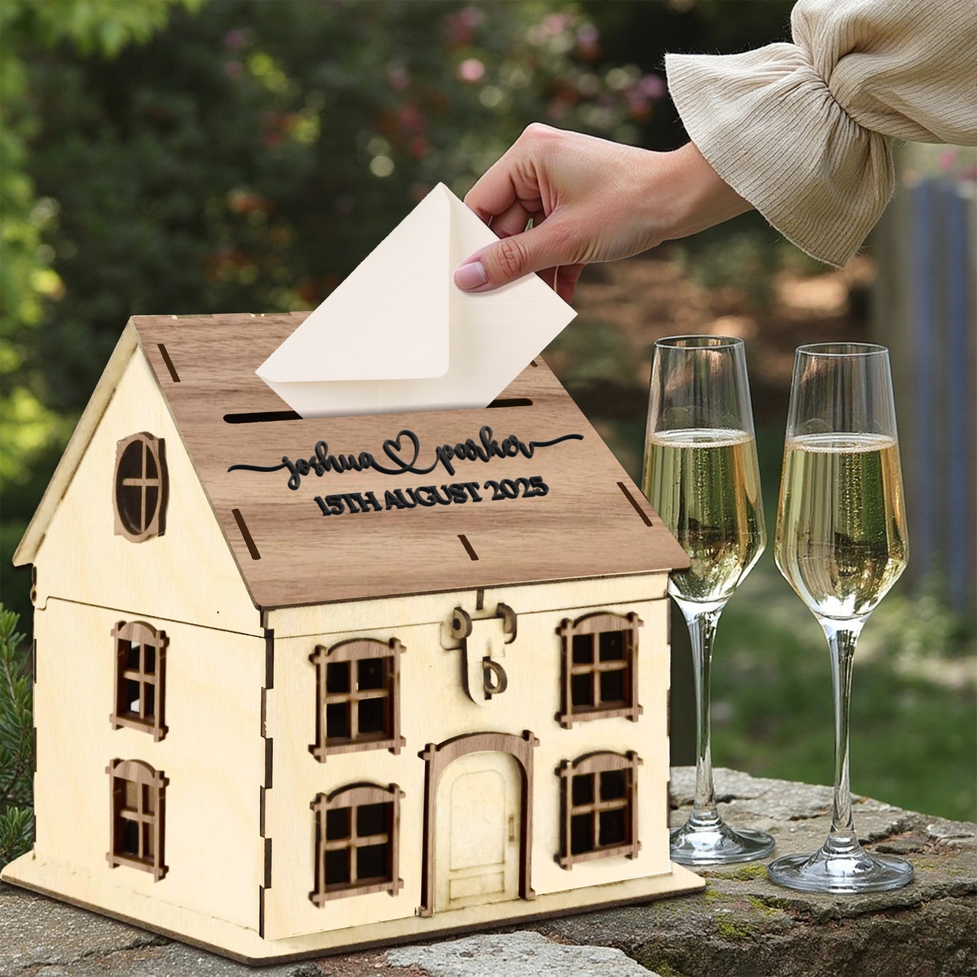 Custom Wooden House Wedding Post Box & 3D Acrylic Text, Personalised Rustic Wishing Well Holder, Money Storage, Envelope Card Trinket, Gift