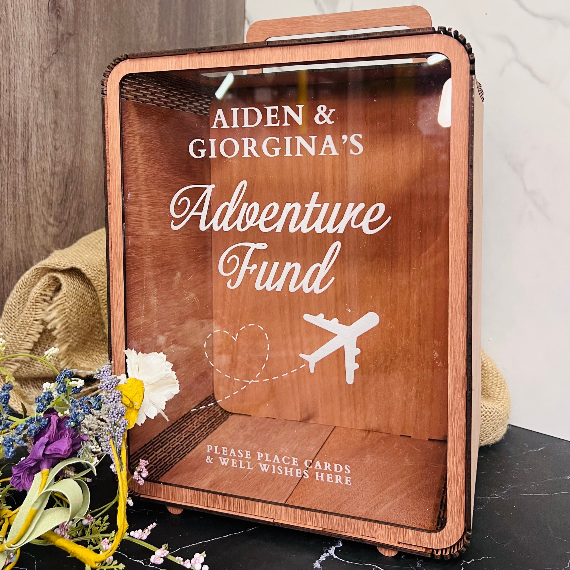 Custom Wood Travel Luggage Wishing Well Box & Sign, Personalised Money Card Honeymoon/ Adventure Fund Envelope Wedding Storage Keepsake Gift