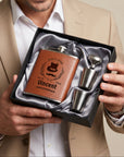 Custom engraved 7oz hip flask gift set, personalised in Australia with name or logo. Includes shot glasses, funnel & keepsake box. Great for groomsmen.