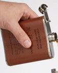 Custom engraved tan leatherette stainless steel hip flask, personalised with name, logo or message. Perfect Australian gift for groomsmen, Dad & corporate events