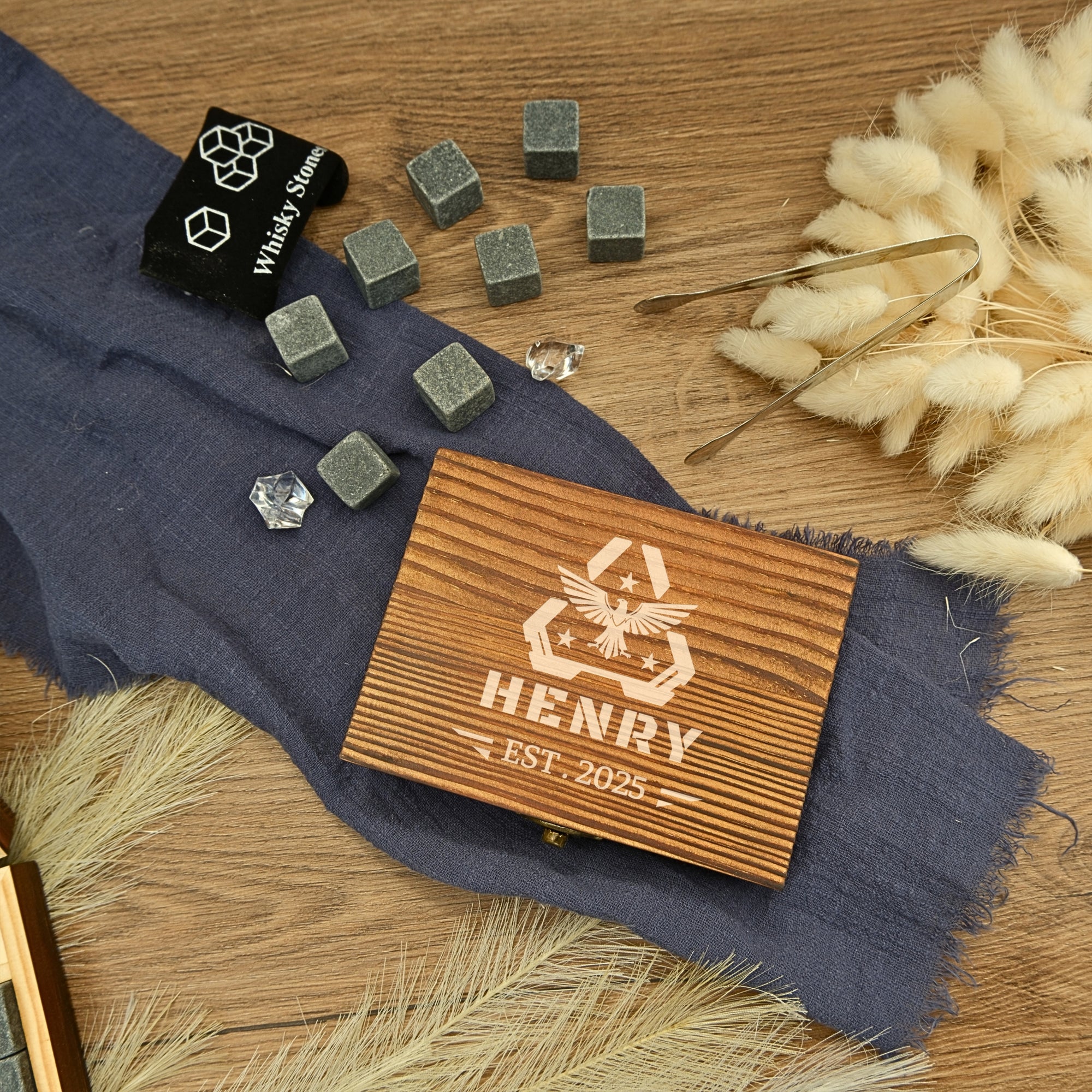 Custom Engraved 9 Charcoal Whiskey Stones Wooden Box Set, Personalised Reusable Scotch Ices, Barware Set Dad, Groomsmen, Corporate Xmas Gift