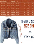 Denim jacket size chart with measurements and Yoonek branding