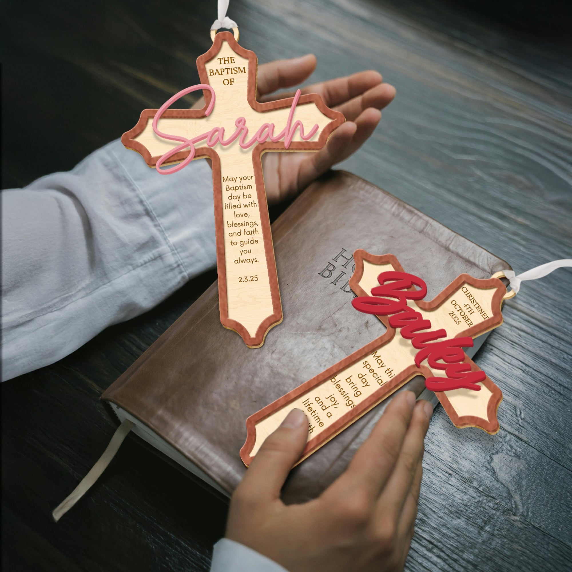 Personalised Double Layers 3D Acrylic & Wooden Christening Cross, Custom Religious Name Sign Baptism Newborn Birthday, Wedding Memorial Gift