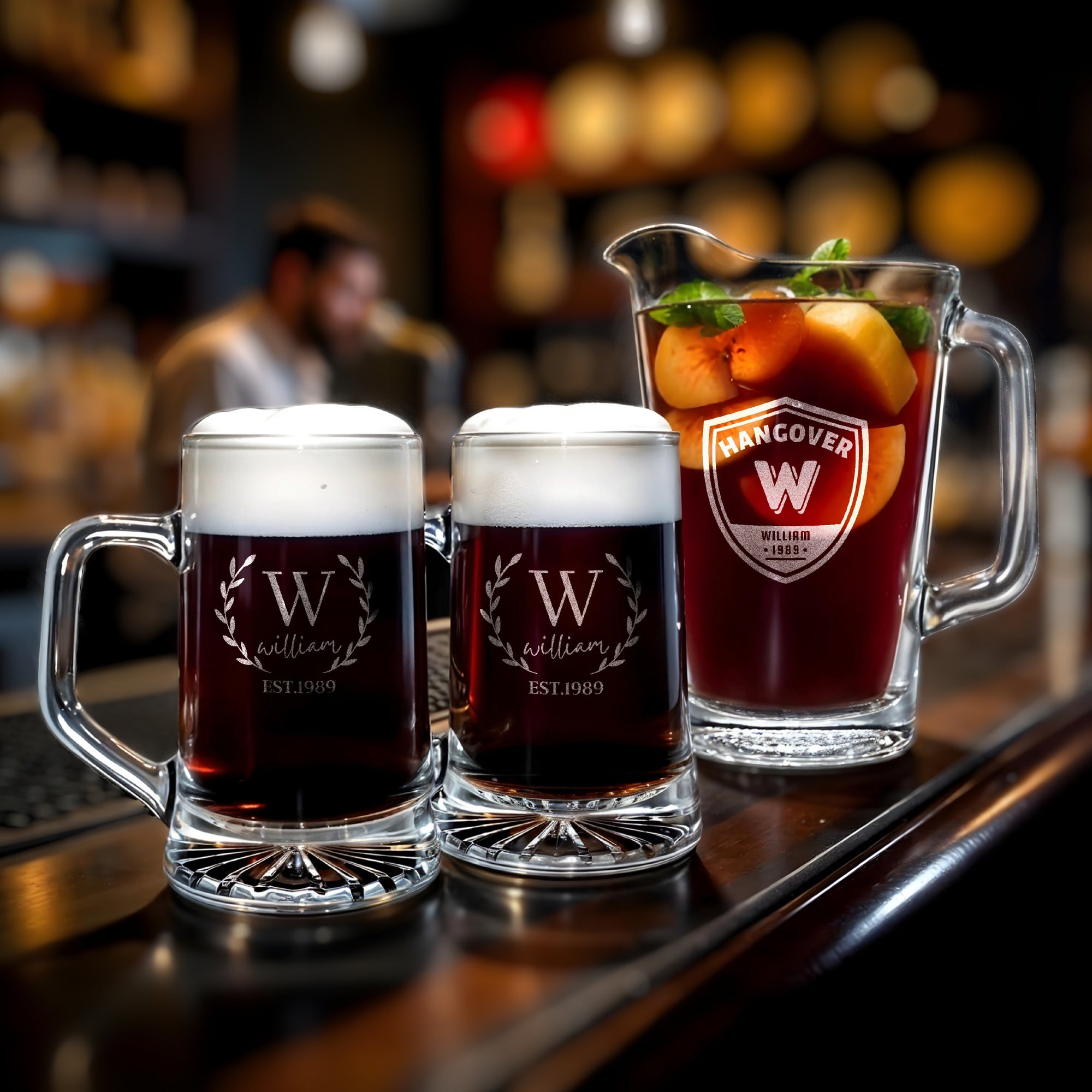 Personalised 1.8L Crystal Glass Pitcher & 2 Tankard Beer Mugs, Custom Engraved Brewery Set, Beverage Jug Barware Set Dad Groomsman Xmas Gift