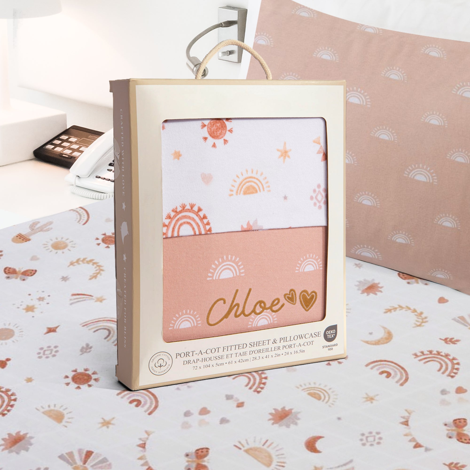 Custom Embroidered Organic Pillowcase & Port-a-Cot Sheet Set, Personalised Infant Baby Girl Name Crib Sleep Cover, Christening Birthday Gift