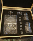 Engraved Whiskey Wooden Box Carving Old Fashion Decanter, 2 Scotch Glasses & 6 Ice Stones Personalised Barware Set, Groomsman, Dad Xmas Gift