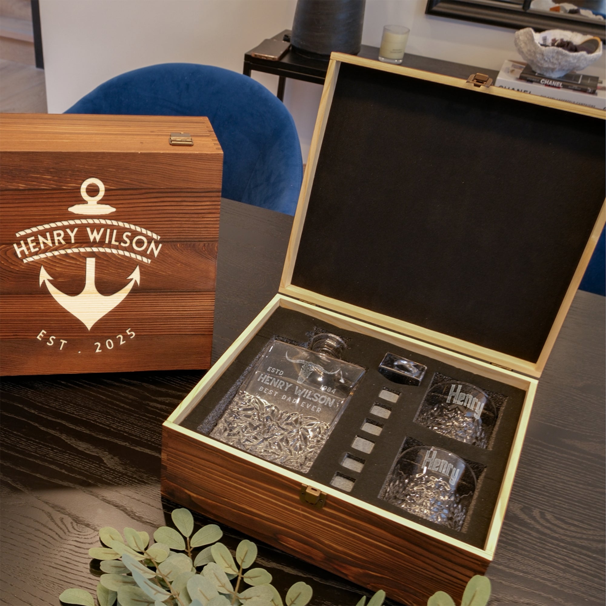 Engraved Whiskey Wooden Box Carving Old Fashion Decanter, 2 Scotch Glasses & 6 Ice Stones Personalised Barware Set, Groomsman, Dad Xmas Gift