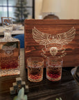 Engraved Whiskey Wooden Box Carving Old Fashion Decanter, 2 Scotch Glasses & 6 Ice Stones Personalised Barware Set, Groomsman, Dad Xmas Gift
