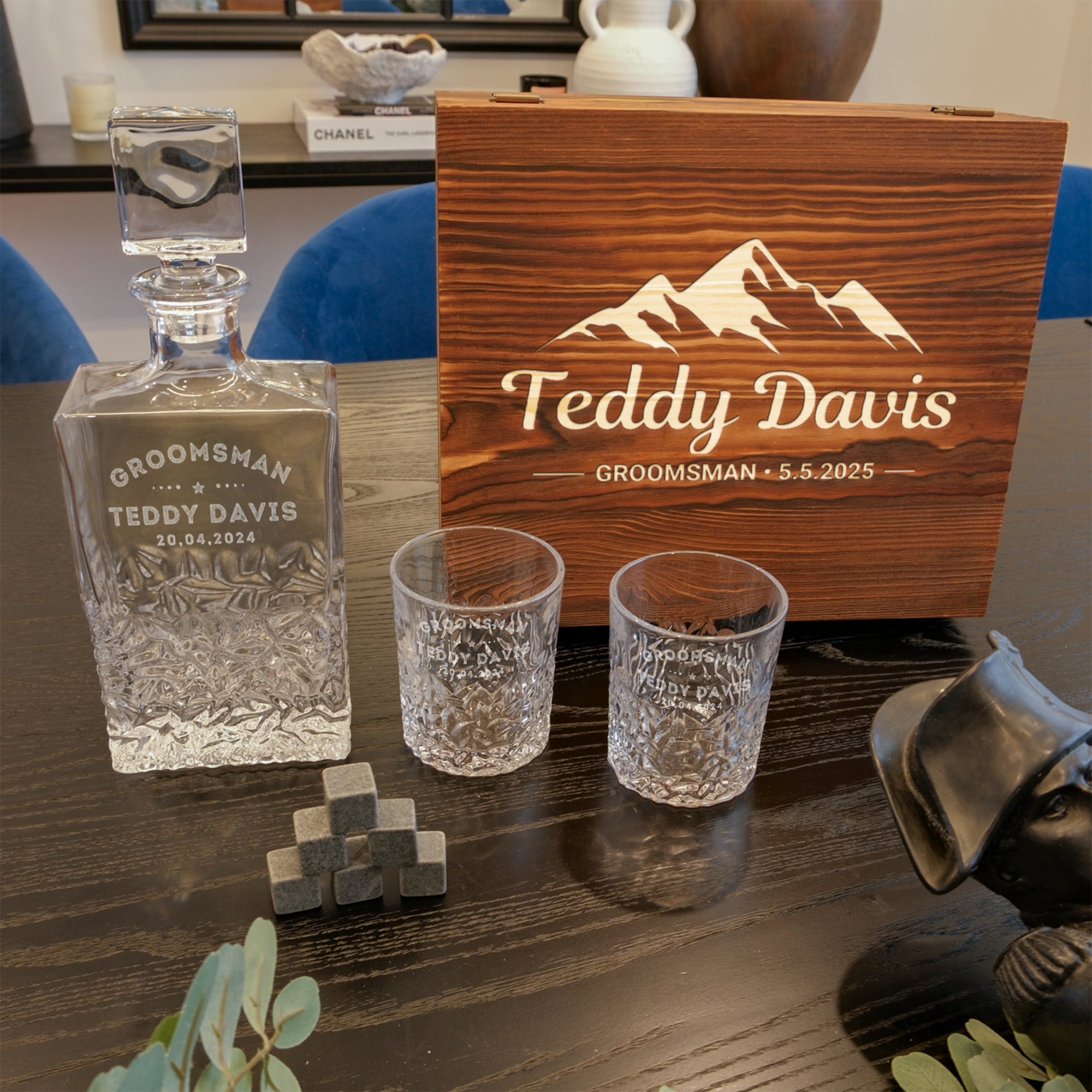 Engraved Whiskey Wooden Box Carving Old Fashion Decanter, 2 Scotch Glasses & 6 Ice Stones Personalised Barware Set, Groomsman, Dad Xmas Gift