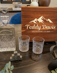 Engraved Whiskey Wooden Box Carving Old Fashion Decanter, 2 Scotch Glasses & 6 Ice Stones Personalised Barware Set, Groomsman, Dad Xmas Gift