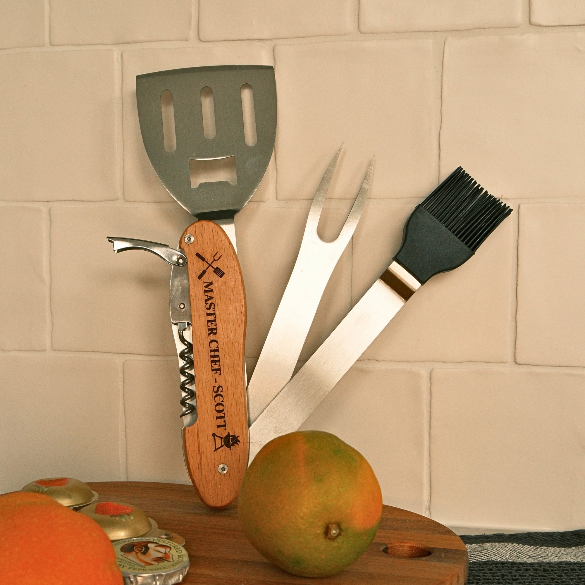 Personalised 5 in 1 Foldable BBQ Tool, Custom Engraved Logo Barbecue Spatula & Multi Grill Tools, Dad, Housewarming Groomsman Corporate Gift