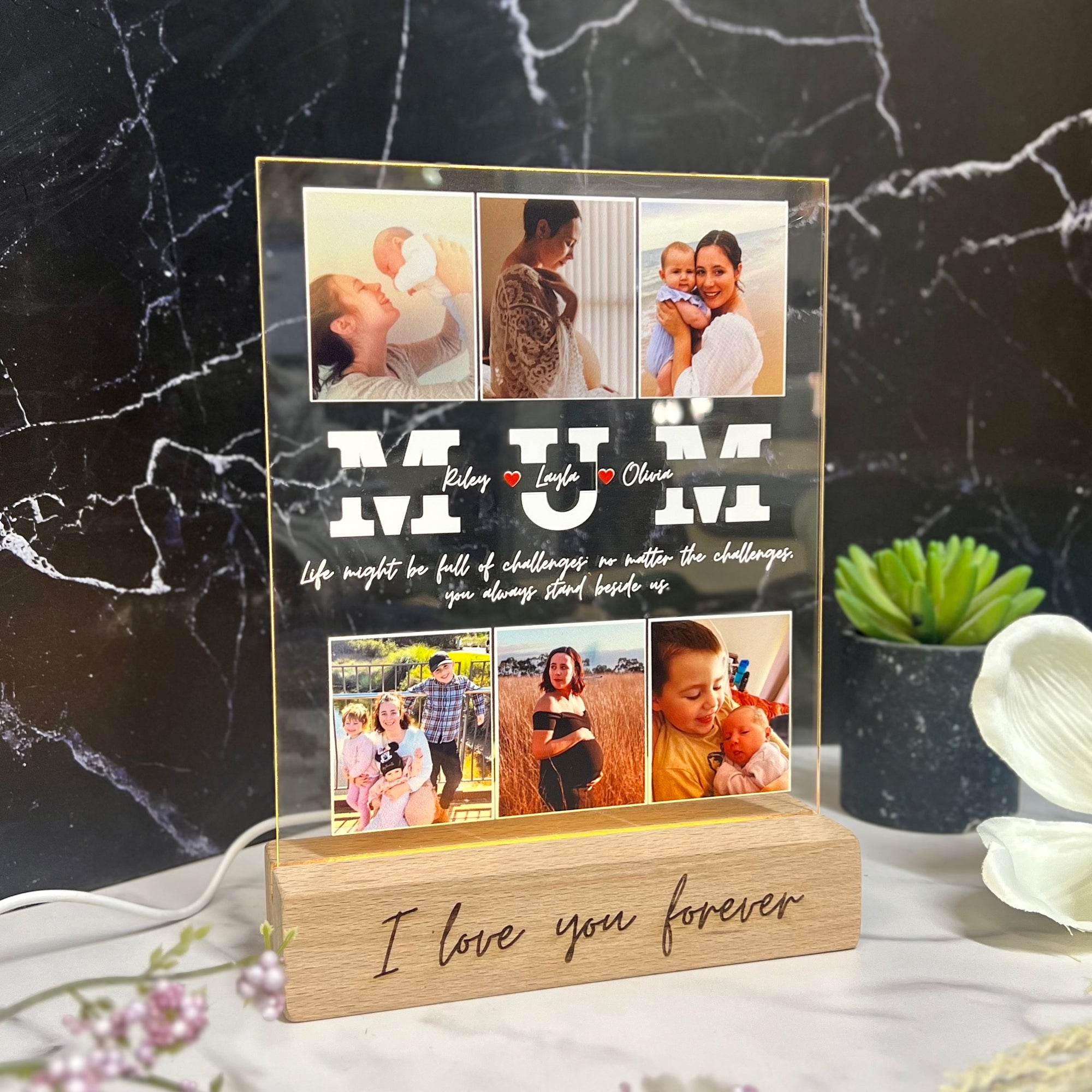 Custom 3D Collage Mum Photos Names LED Night Light, Personalised UV Printed Acrylic Wooden Table Lamp Sign Room Decor, Mom Mother's Day Gift