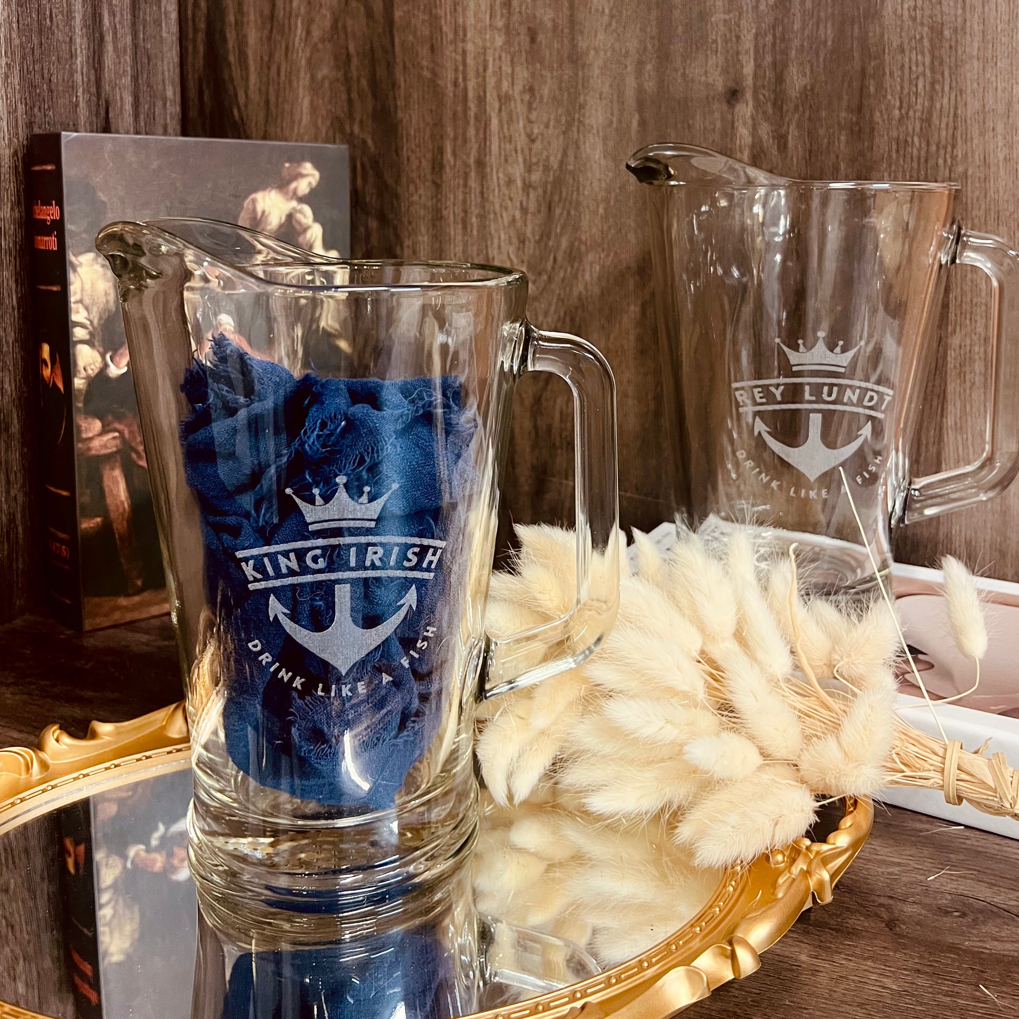 Custom Engraved 1.8L Crystal Glass Jug Beer Pitcher & 2 Italia Tankard Glass Mugs Set