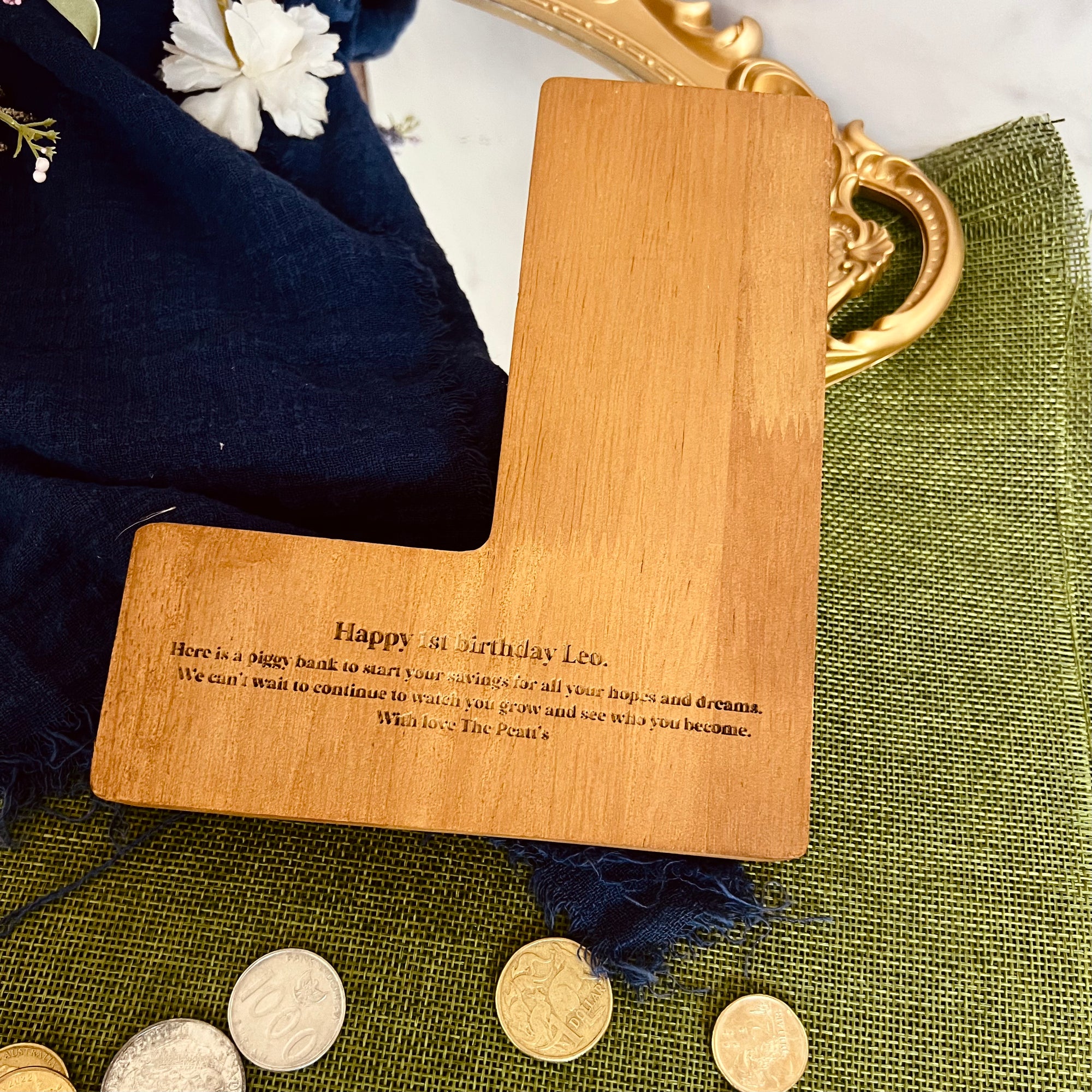 Personalised Wood Letter Piggy Bank, Custom Engraved Name Money Saving Box Alphabet Coin Storage Birthday Shower Gift Nursery Kid Room Decor