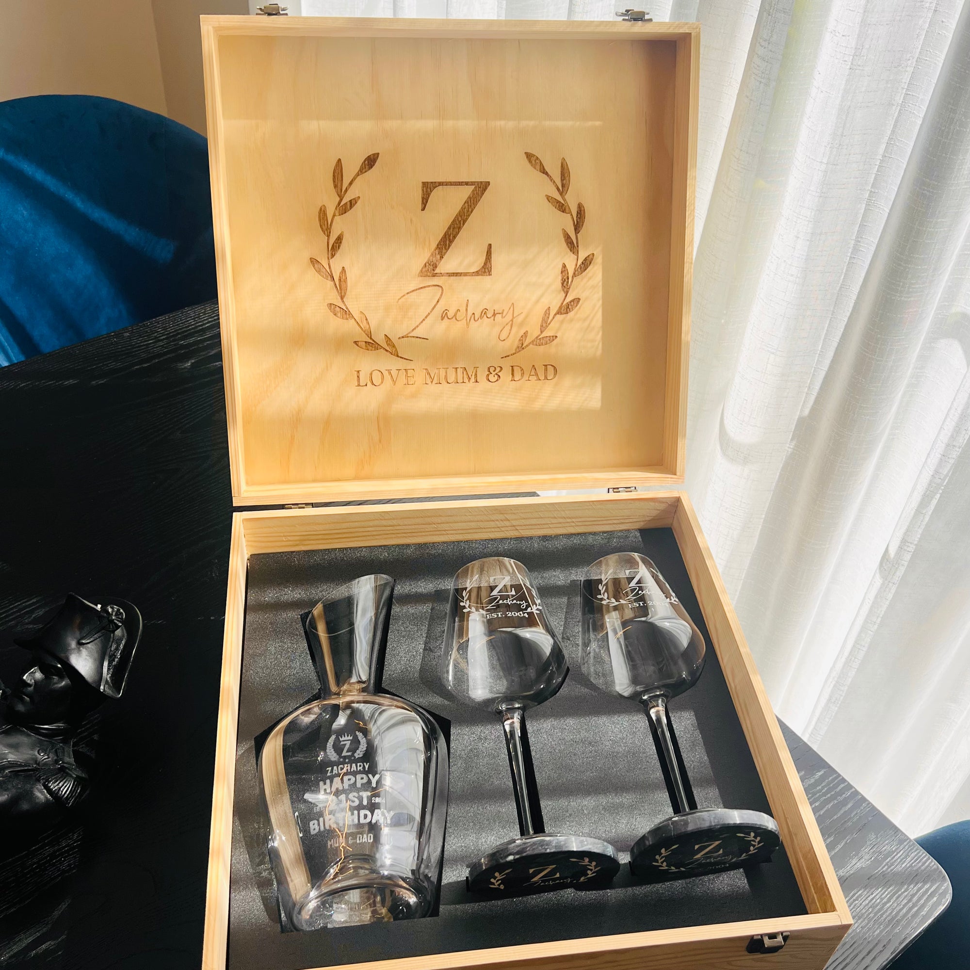 Personalised Carafe & Pair Crystal Wine Glasses Set, Marble Coasters in Custom Etched Wooden Box, Groomsman, Wedding Birthday Corporate Gift