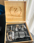 Personalised Carafe & Pair Crystal Wine Glasses Set, Marble Coasters in Custom Etched Wooden Box, Groomsman, Wedding Birthday Corporate Gift