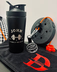 Personalised 25oz Black Metal Protein Shaker & Embroidery Gym Towel Set, Custom Name Logo Fitness, Travel, Sport, Birthday, Corporate Gift