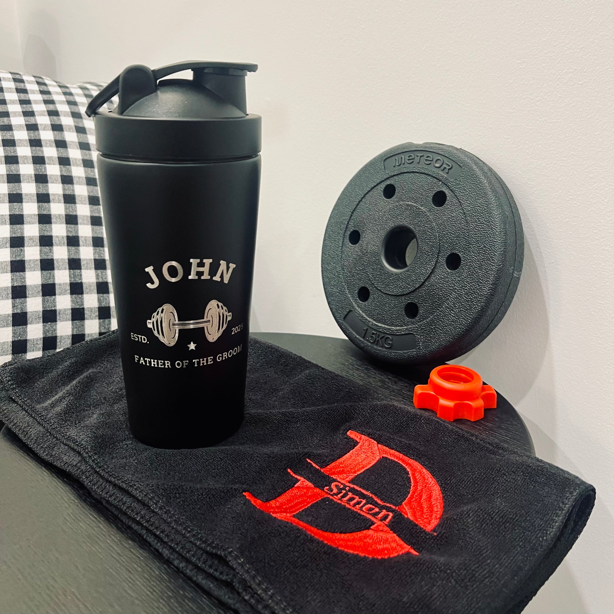 Personalised 25oz Black Metal Protein Shaker & Embroidery Gym Towel Set, Custom Name Logo Fitness, Travel, Sport, Birthday, Corporate Gift