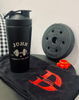 Personalised 25oz Black Metal Protein Shaker & Embroidery Gym Towel Set, Custom Name Logo Fitness, Travel, Sport, Birthday, Corporate Gift