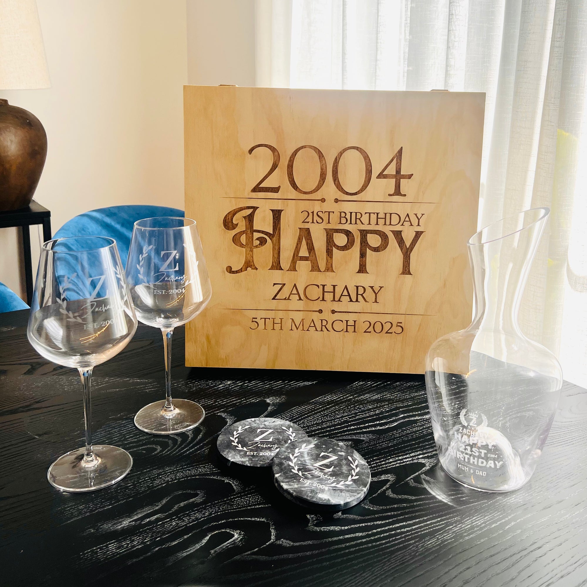 Personalised Carafe & Pair Crystal Wine Glasses Set, Marble Coasters in Custom Etched Wooden Box, Groomsman, Wedding Birthday Corporate Gift