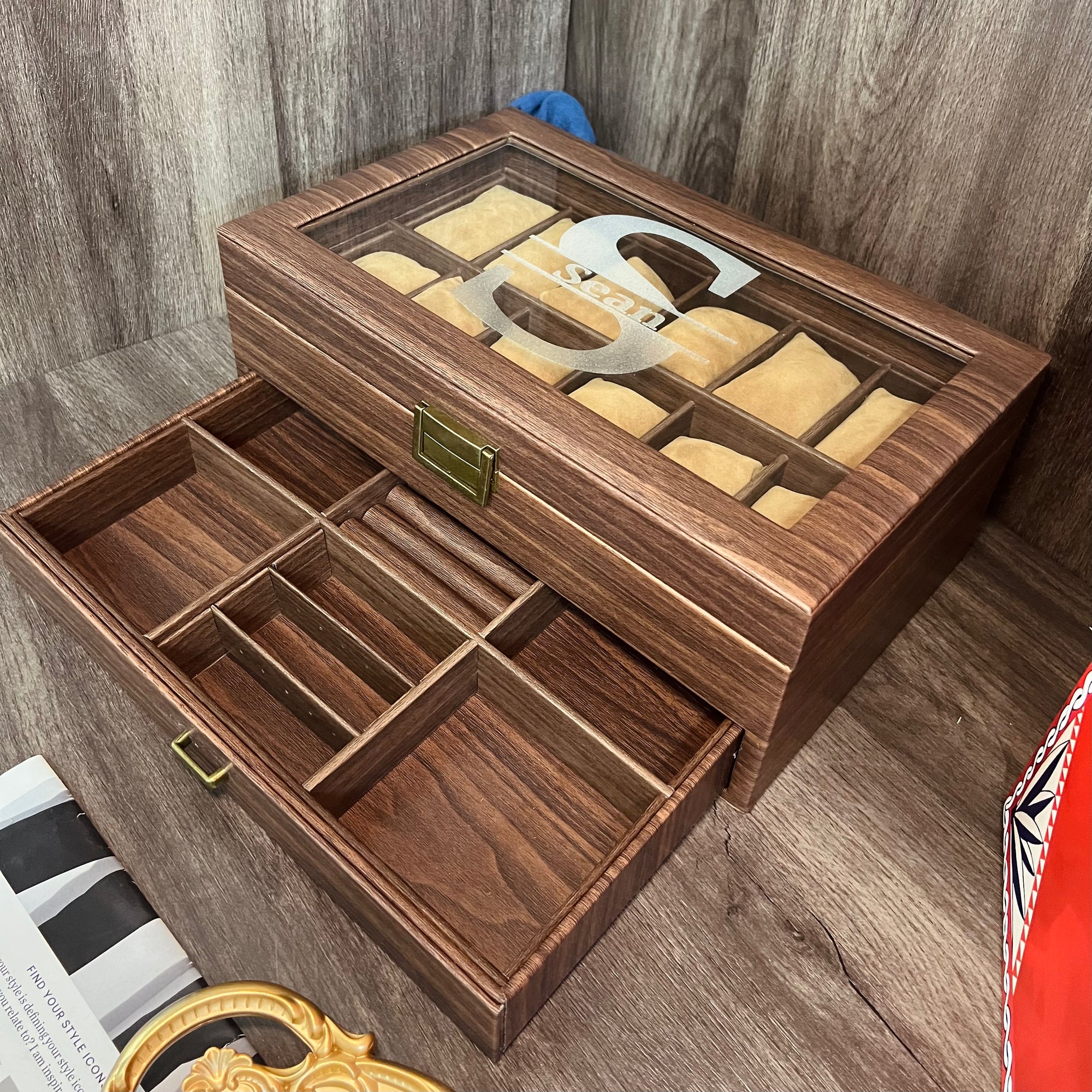 Personalised Two Drawer Leather 12 Watch Slots & Accessories Display Box