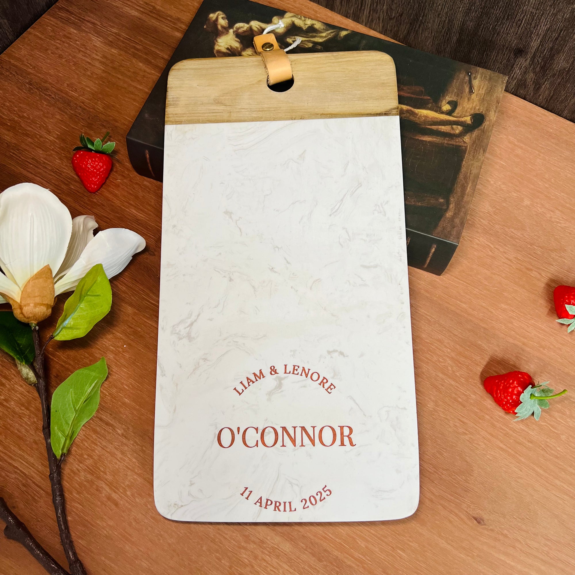 Personalised Acacia Wood & Faux Stone Marble Serving Tray, Custom Engraved Metallic Cheese Board Charcuterie Platter Decor Housewarming Gift