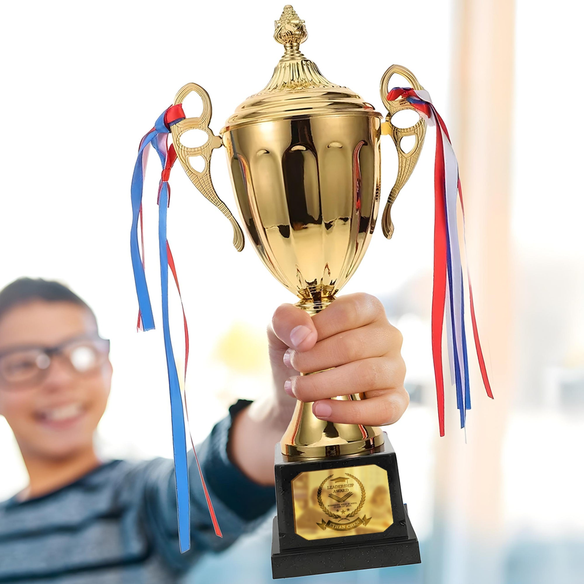 Metal Golden Trophy Cup & Custom Engraved Plaque, Personalised Award Winner, Sport, Staff, Teacher, Employee, Dad Celebration Gift Keepsake