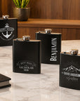Personalised in Australia 170ml Hip Flask Set - Shot Glasses, Funnel & Free box. Custom Etched Groomsmen, Wedding, Dad Birthday, Xmas Logo Corporate Gift