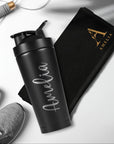 Personalised 25oz Black Metal Protein Shaker & Embroidery Gym Towel Set, Custom Name Logo Fitness, Travel, Sport, Birthday, Corporate Gift