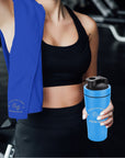 Personalised 25oz Blue Metal Protein Shaker & Embroidery Gym Towel Set, Custom Name Logo Fitness, Travel, Sport, Birthday, Corporate Gift