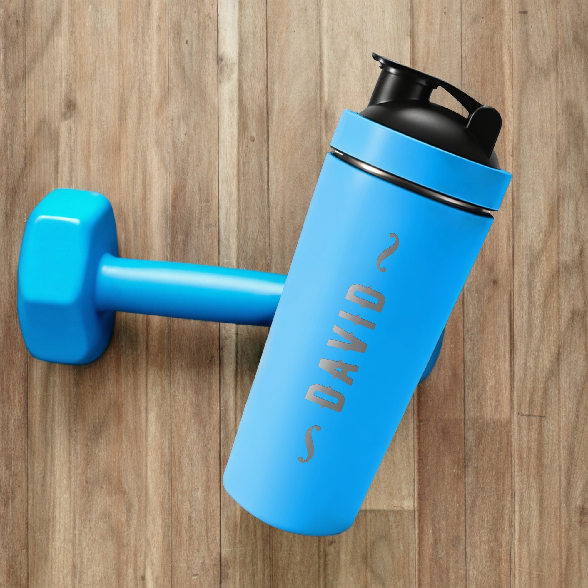 Personalised 25oz Insulated Protein Stainless Steel Shaker, Custom Engraved Logo 750ml Matt Blue Blender Bottle, Work Out Gym Lover Dad Gift