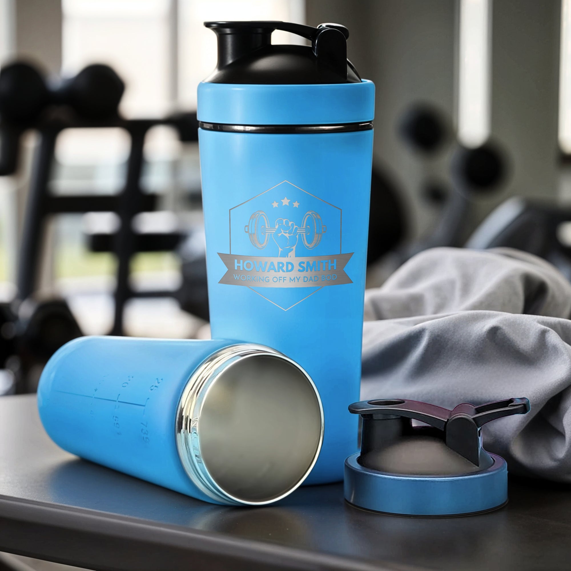 Personalised 25oz Insulated Protein Stainless Steel Shaker, Custom Engraved Logo 750ml Matt Blue Blender Bottle, Work Out Gym Lover Dad Gift